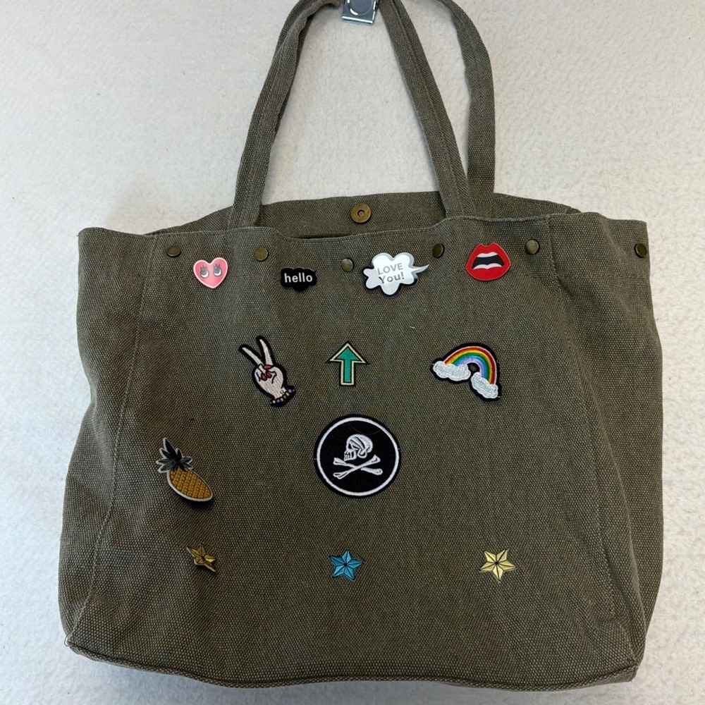 Steve Madden Olive Green Canvas Tote Bag with Patches Pins and Removable Pouch